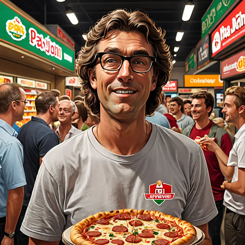 a man holding a pizza in a store with a large crowd of people behind him and a large pizza on a plate, fantastic realism, a digital rendering, Eglon van der Neer, jurgens