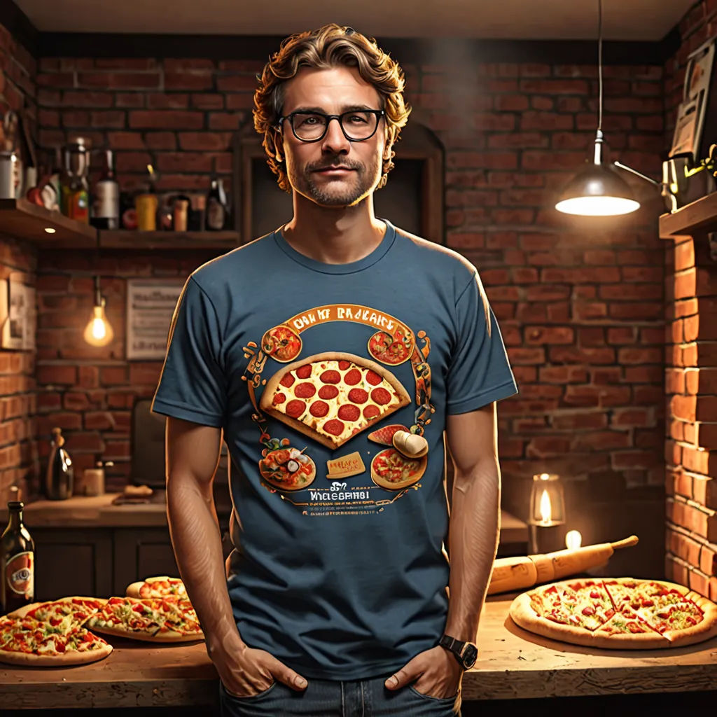 a man standing in front of a table with pizzas on it and a light hanging above him and a brick wall behind him, photorealism, a photorealistic painting, Enrico Baj, behance hd