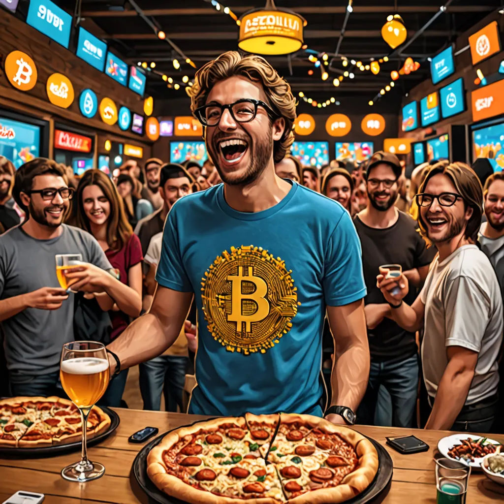 a man standing in front of a table with a pizza on it and a beer in his hand and a bitcoin on the plate, futurism, a stock photo, Adam Pijnacker, promotional image