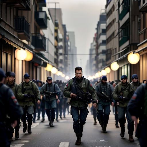 a group of men walking down a street with guns in their hands and wearing military uniforms on either side of them