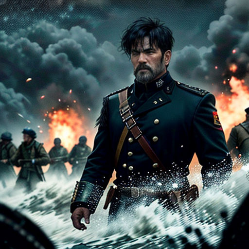 a man in uniform standing in front of a group of men in the ocean with a lot of smoke