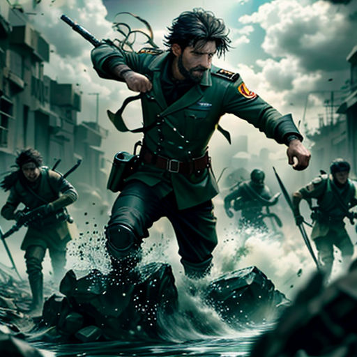a man in a green uniform is walking through water with other men in the background and a sky with clouds