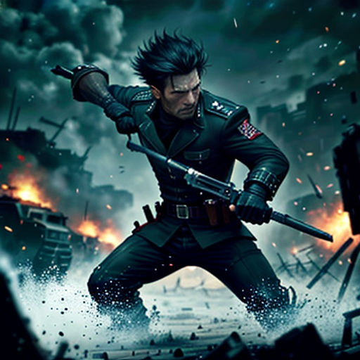 a man with a gun in his hand and a gun in his hand, in front of a city