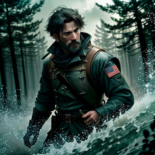 a man in a uniform walking through a forest with a gun in his hand and a flag on his shoulder