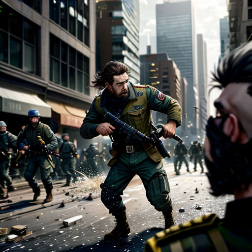 a man in a military uniform is holding a gun and looking at another man in a mask in a city