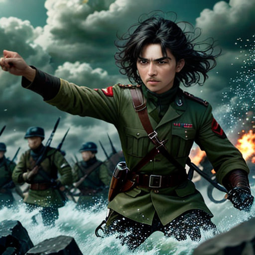 a painting of a man in uniform pointing at something while others watch him from the water and rocks in the background