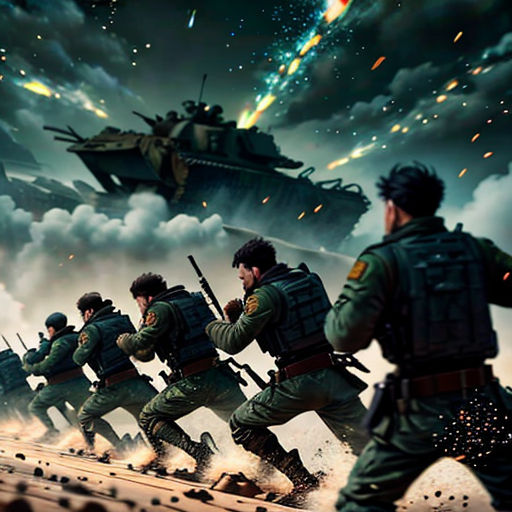 a group of soldiers running across a bridge in front of a tank and a sky full of stars and clouds