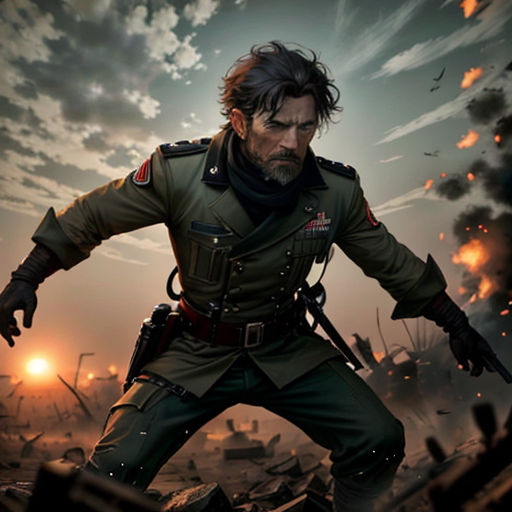 a man in uniform standing in front of a fire and smoke filled sky with a gun in his hand