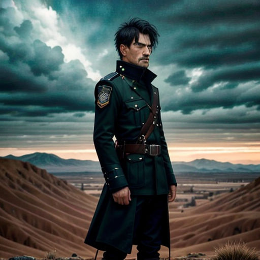 a man in a military uniform standing on a hill with a cloudy sky in the background and a desert landscape