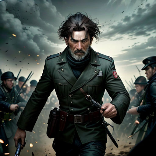 a man in uniform is walking through a group of soldiers with guns in his hand and a gun in his other hand