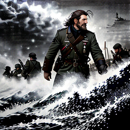 a painting of a man in uniform walking through a wave of water with other men in uniform behind him