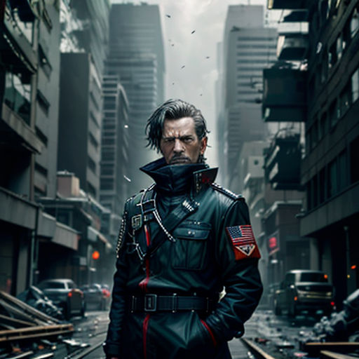a man in a black uniform standing in a city street with a train track in the background and buildings in the background