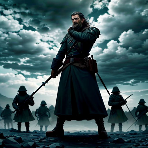 a man in a long coat holding a rifle and standing in front of other men in uniforms in a cloudy sky