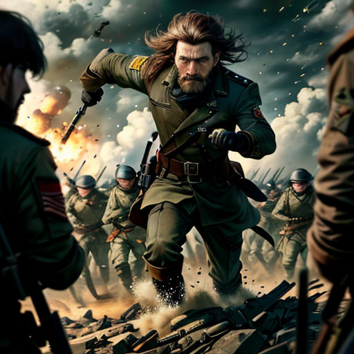 a man in uniform is running through a group of soldiers with guns and a gun in his hand,