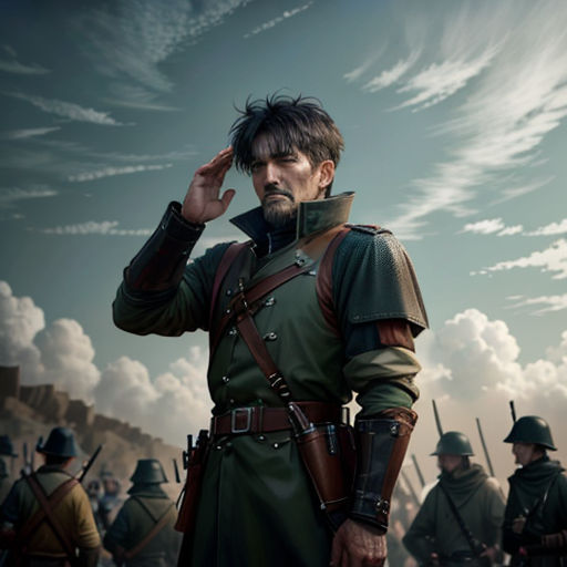 a man in a green uniform saluting to a group of men in uniforms with red and green uniforms