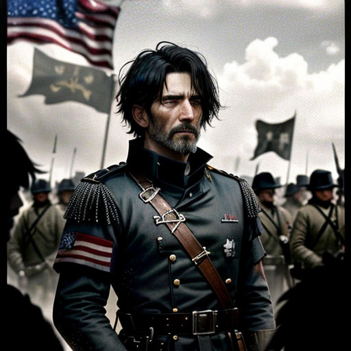a man in a uniform standing in front of a crowd of people with flags in the background and a flag in the foreground