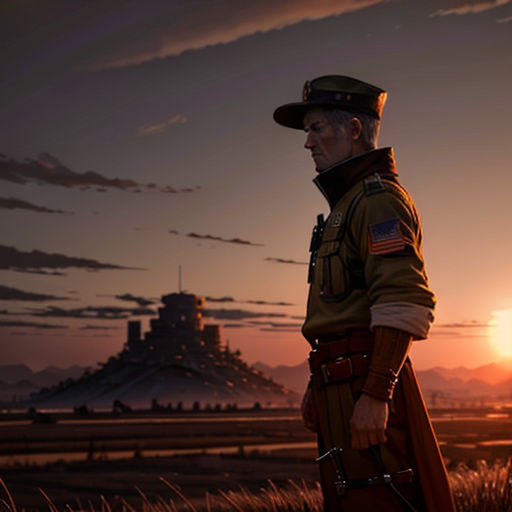 a man in uniform standing in a field at sunset with a castle in the background and a sky with clouds