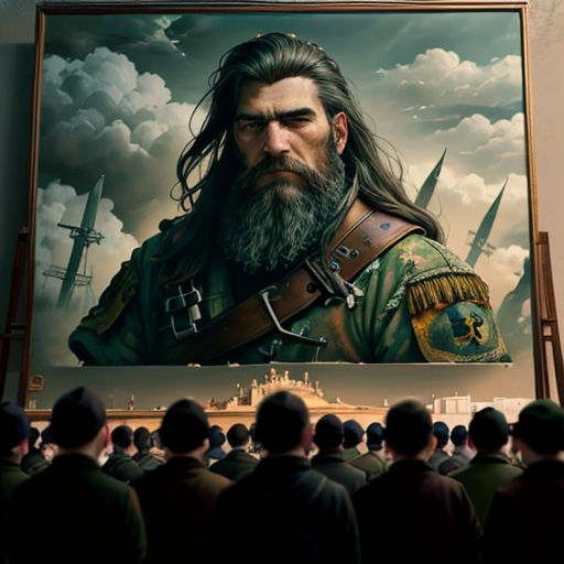 a painting of a man with a beard and a beard in front of a crowd of people in front of a large painting of a man with a beard