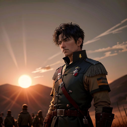 a man in uniform standing in front of a sunset with other men in uniform behind him and a mountain in the background