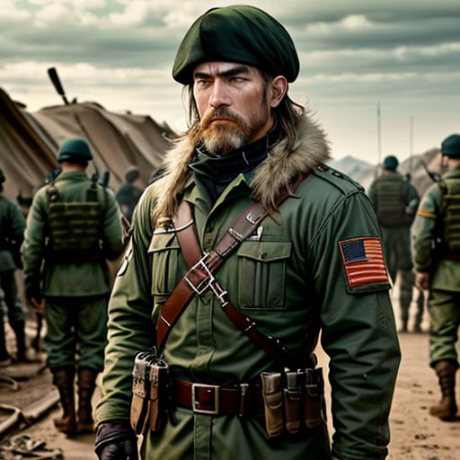 a man in a uniform standing in front of a group of soldiers in a field with tents in the background
