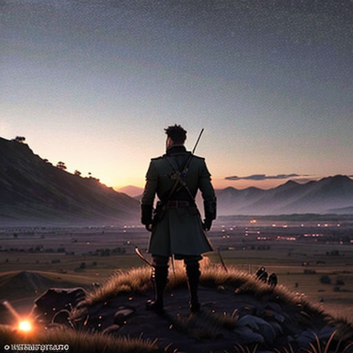 a man standing on top of a hill next to a field of grass and rocks at night with a star filled sky