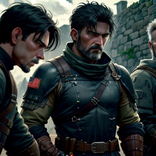 a group of men standing next to each other in front of a castle wall with a flag on it