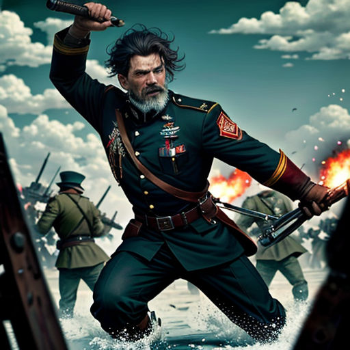 a man in uniform holding a sword in front of a group of men in uniforms in the water with a sky background