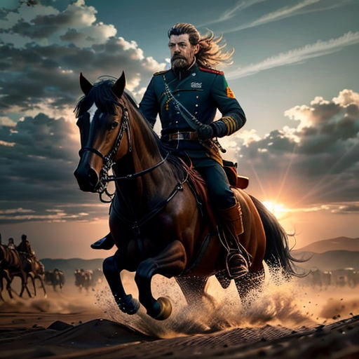 a man riding on the back of a brown horse in a desert area with other horses behind him and a sky with clouds