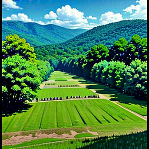a painting of a green field with mountains in the background and a lake in the foreground with a blue sky