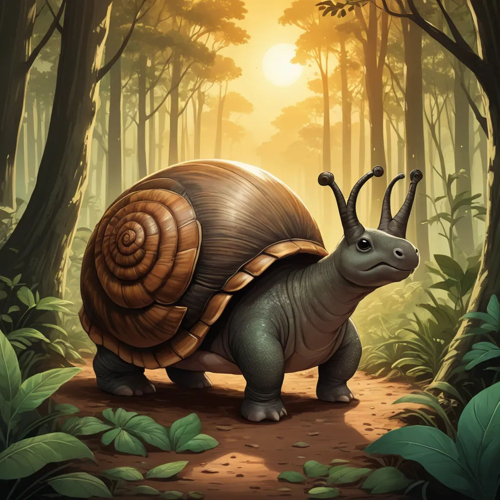 a snail is walking through a forest with trees and leaves on the ground, and a sun shining in the background, altermodern, a character portrait, Chris LaBrooy, magic the gathering artwork