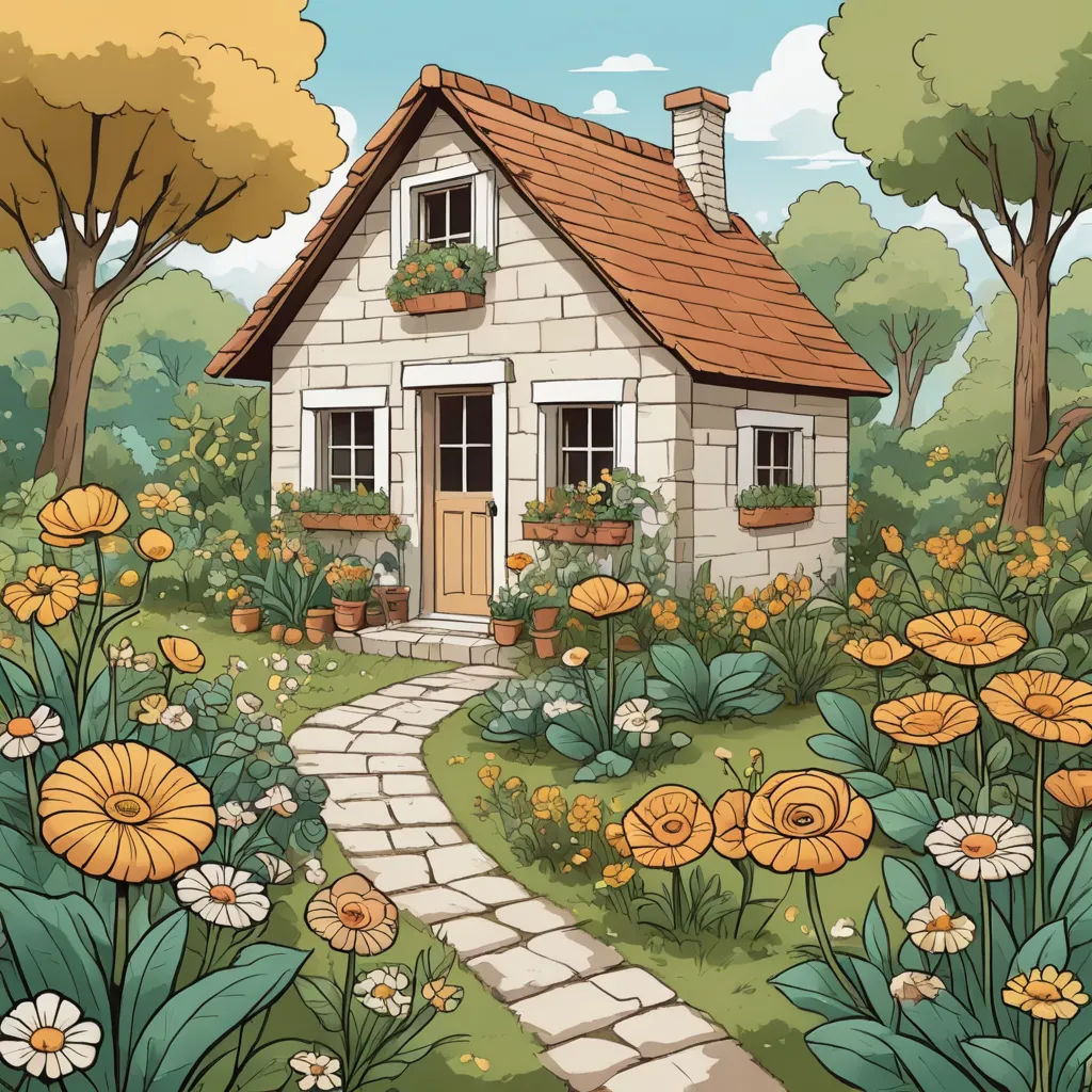 a house with a garden of flowers and plants around it and a pathway leading to it and a door, plein air, a storybook illustration, Claire Hummel, storybook illustration