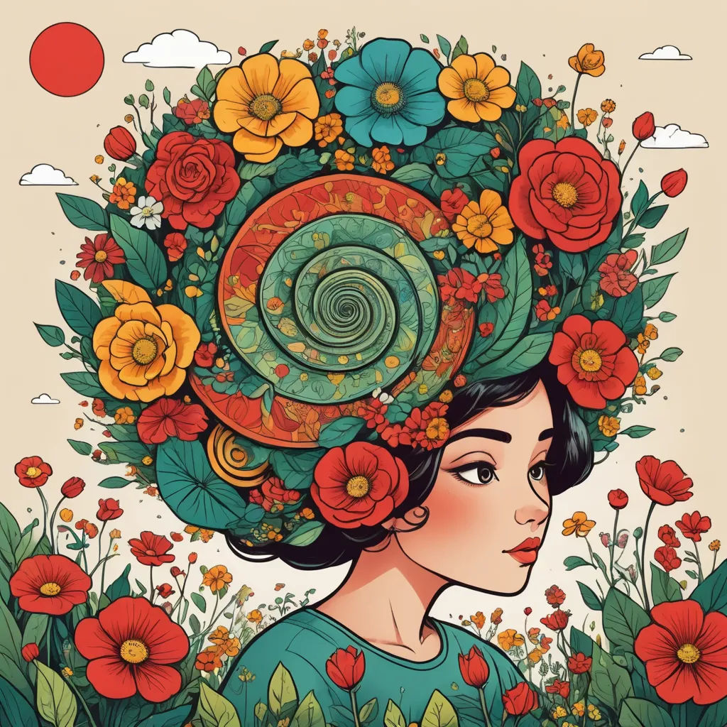 a woman with a flower crown on her head in a field of flowers and grass with a spiral design on her head, psychedelic art, a detailed drawing, Anna Dittmann, trending on art station