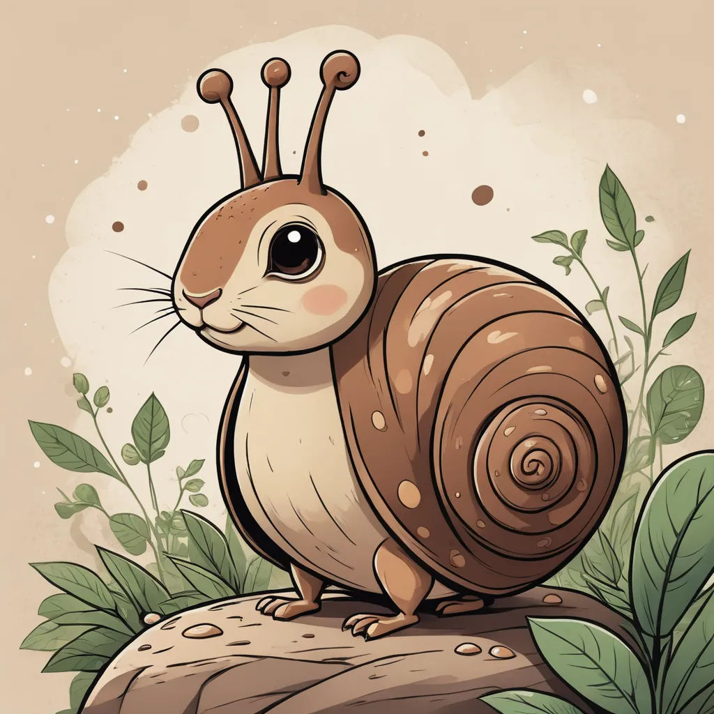 a snail is sitting on a rock with leaves around it and a brown background with a white spot on the top, furry art, a character portrait, Craola, trending on art station