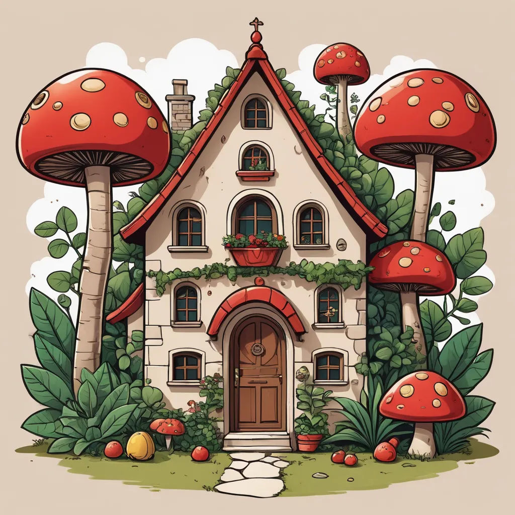 a house with mushrooms on the roof and a door in the front of it, surrounded by plants and flowers, fantasy art, a storybook illustration, Evaline Ness, rossdraws global illumination