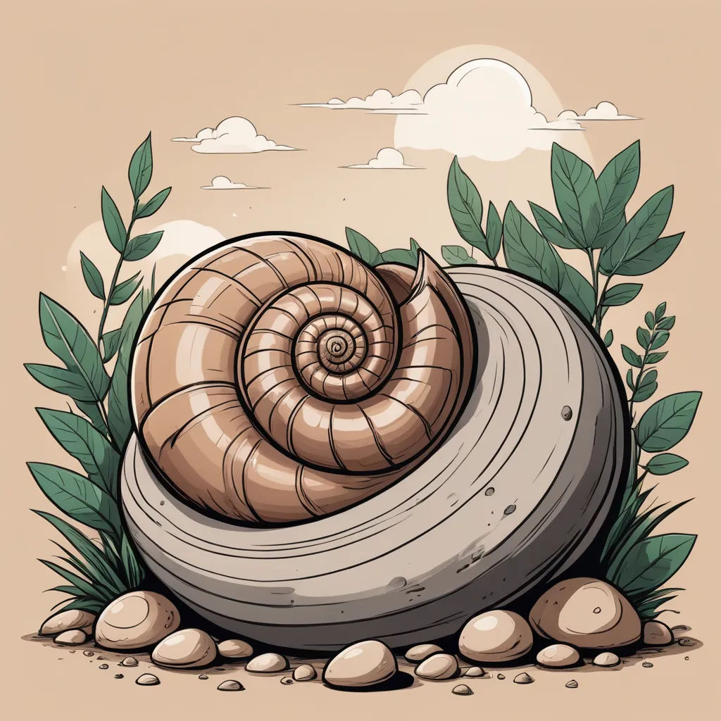 a snail is sitting on a rock in the grass and some rocks and plants are around it, and the snail is looking like a snail, naturalism, a storybook illustration, Chris LaBrooy, golden ratio illustration