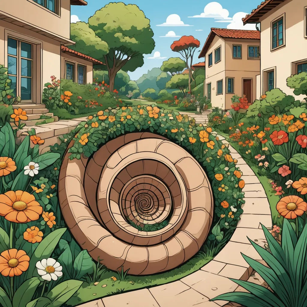 a cartoon of a spiral staircase in a garden with flowers and buildings in the background with a sky background, environmental art, a storybook illustration, Asaf Hanuka, spirals