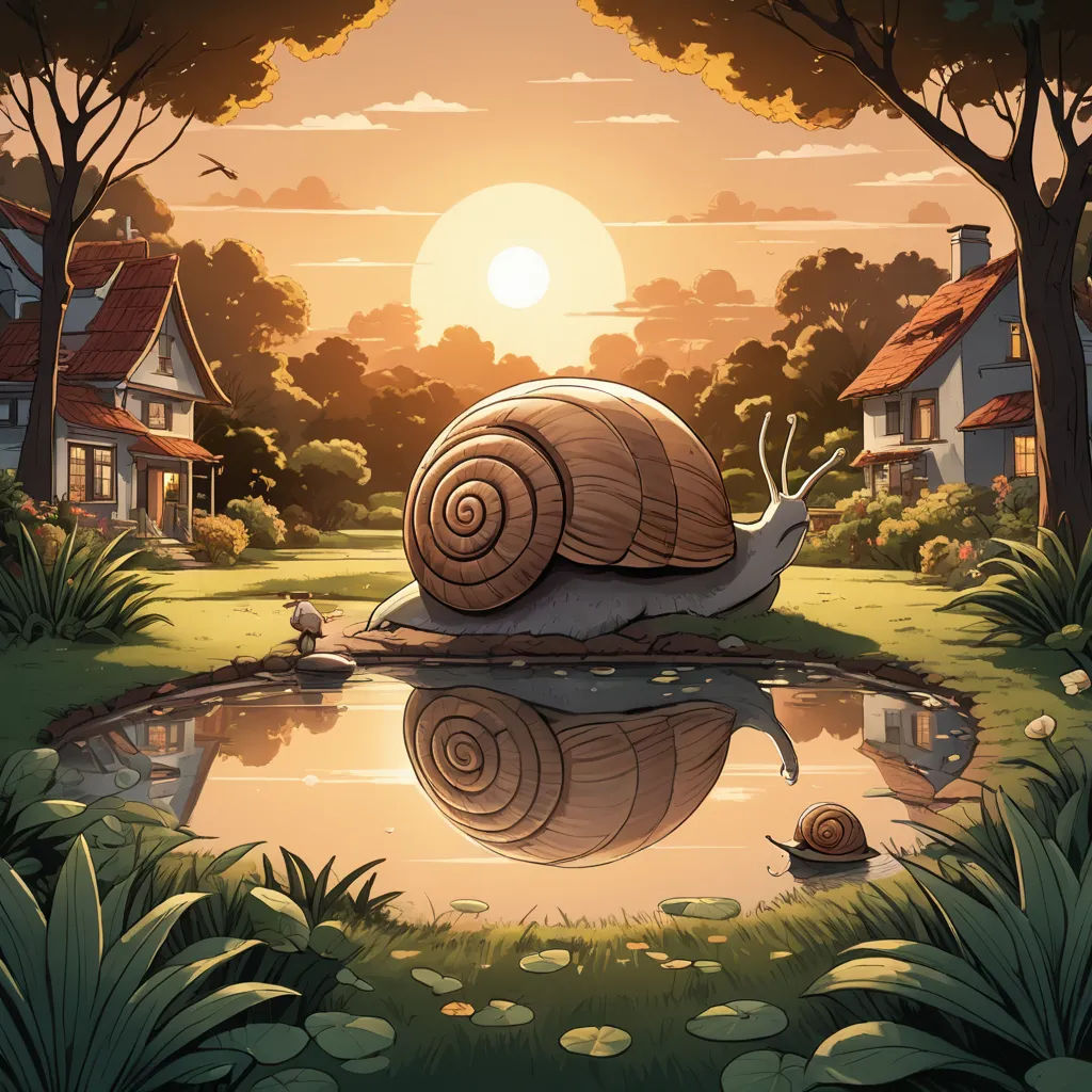 a snail is sitting on a rock in the middle of a pond with a house in the background and a sunset, magic realism, a storybook illustration, Chris LaBrooy, storybook illustration