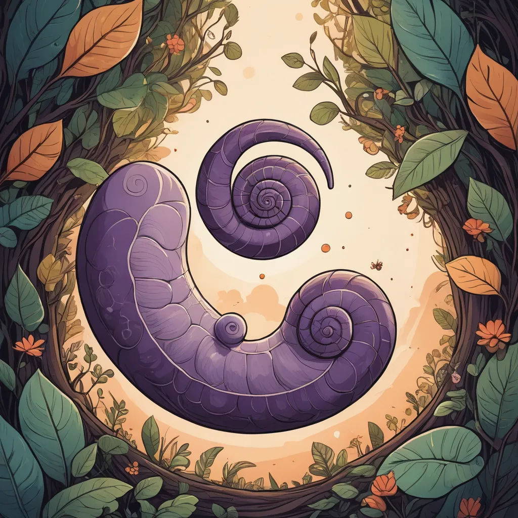 a purple spiral shaped animal surrounded by leaves and flowers in a circle with a yellow light behind it and a yellow moon in the background, environmental art, a storybook illustration, Android Jones, golden ratio illustration