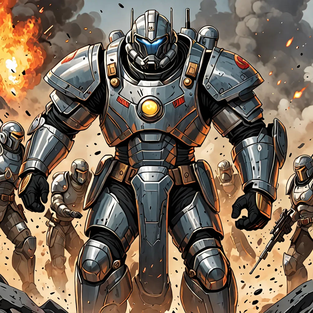 a cartoon of a robot standing in front of a group of soldiers in a battle scene with a fire, antipodeans, a comic book panel, Aleksi Briclot, comic cover art