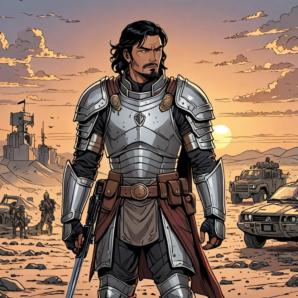 a man in armor standing in a desert area with a gun in his hand and a car in the background, antipodeans, a comic book panel, Dustin Nguyen, epic fantasy character art