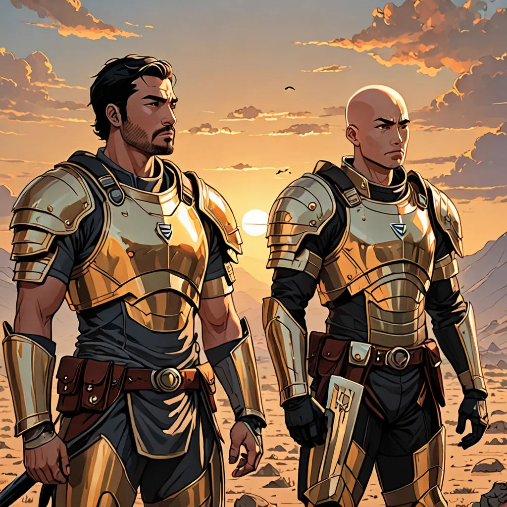 two men in armor standing in a desert area at sunset with a bird flying overhead in the background and a bird in the sky, antipodeans, a comic book panel, Brothers Hildebrandt, mars ravelo and greg rutkowski