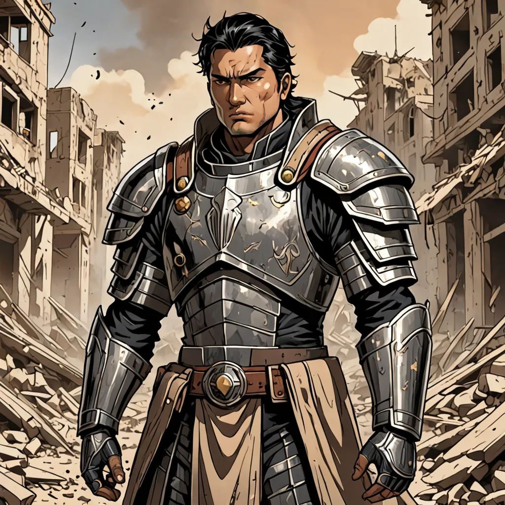 a man in a suit of armor standing in a destroyed city street with a gun in his hand and a building in the background, antipodeans, a comic book panel, Clint Cearley, epic fantasy character art