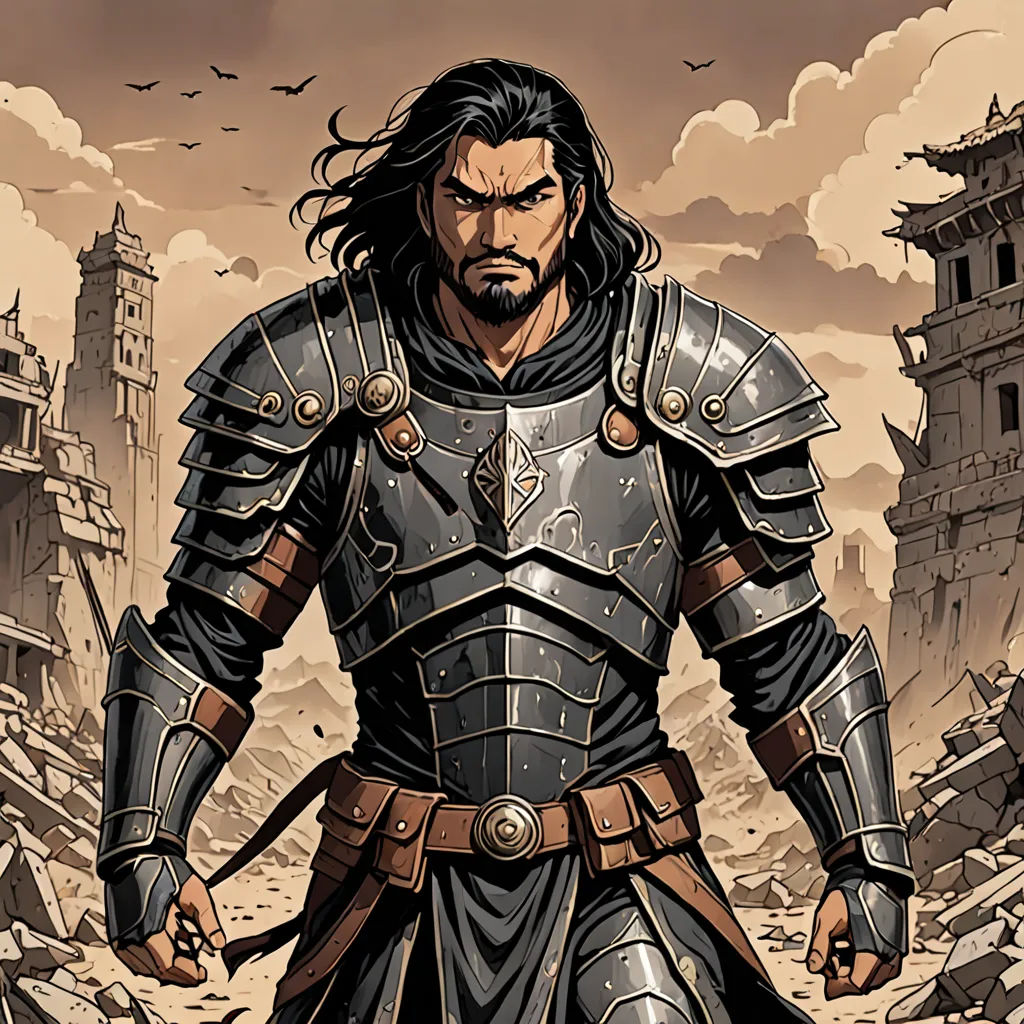 a man in a suit of armor standing in a desert area with a bird flying overhead in the sky, fantasy art, a comic book panel, Altoon Sultan, epic fantasy character art
