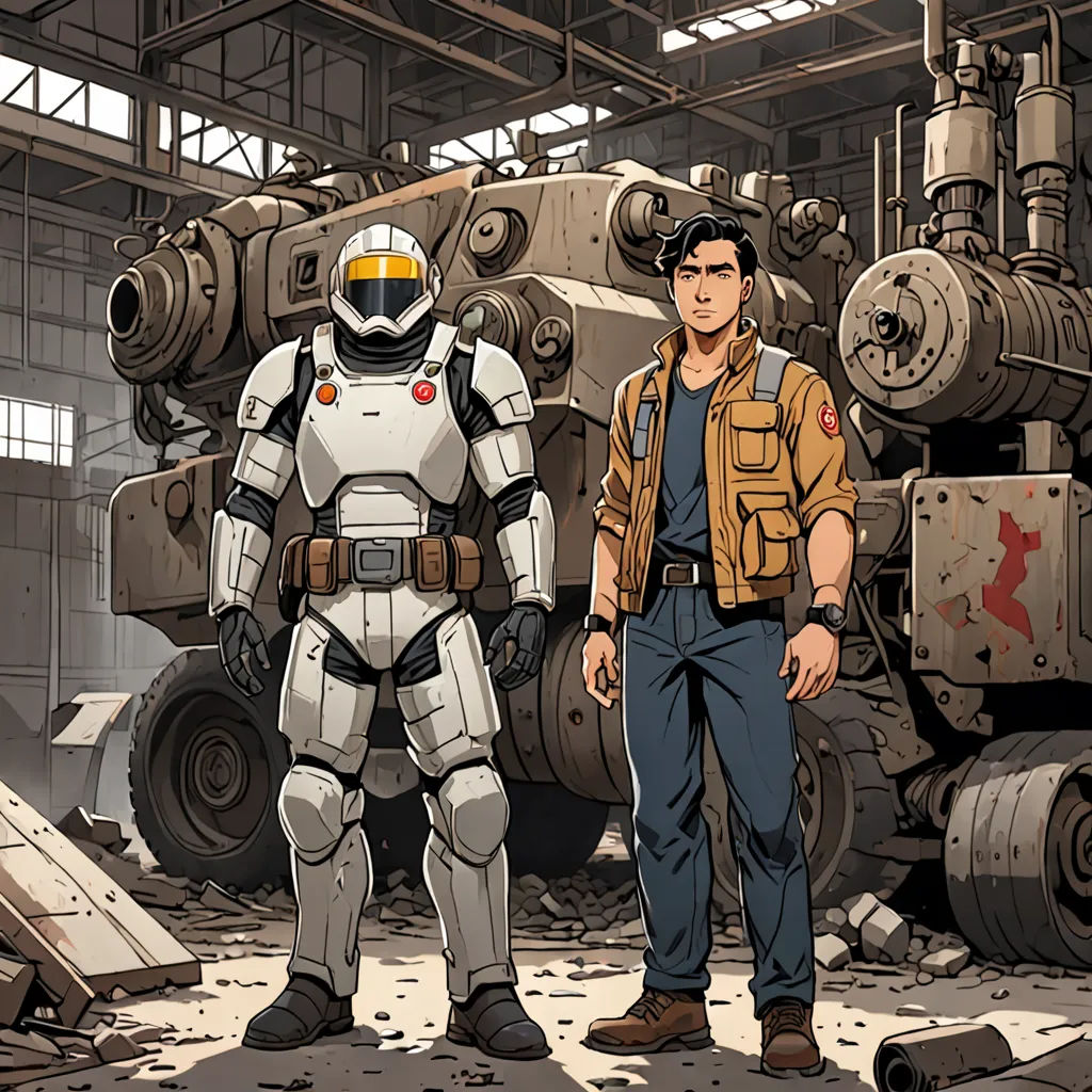 a man standing next to a robot in a factory with machinery behind him and a man in a yellow jacket, space art, a comic book panel, Adam Manyoki, official art