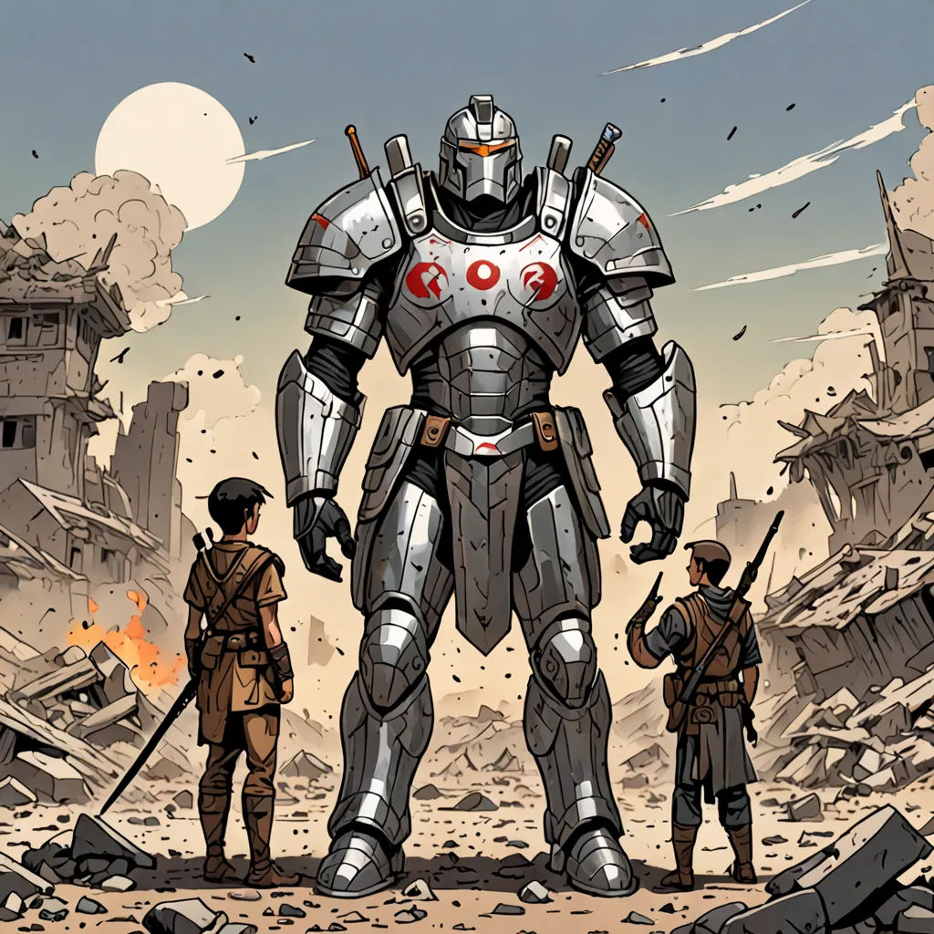 a cartoon of a robot standing in front of a group of soldiers in a destroyed city with a sky background, antipodeans, a comic book panel, Clint Cearley, yukito kishiro