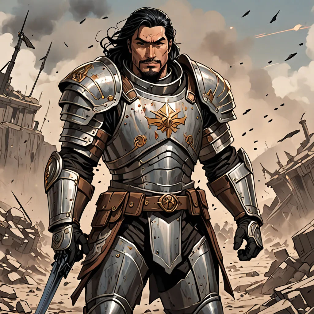 a man in a suit of armor holding a sword in a destroyed city area with birds flying overhead and a bird flying overhead, fantasy art, a comic book panel, Aleksi Briclot, epic fantasy character art
