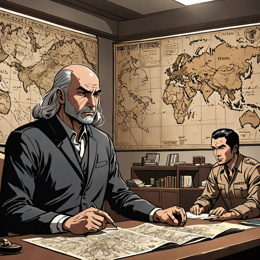 a man sitting at a desk with a map on the wall behind him and another man standing at a desk with a pen and paper, serial art, a comic book panel, Du Jin, official art