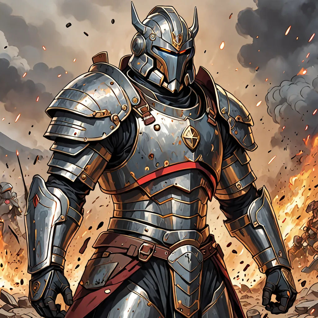 a knight in armor walking through a field of fire and smoke with his sword in his hand and his helmet on, antipodeans, a detailed painting, Clint Cearley, magic the gathering artwork