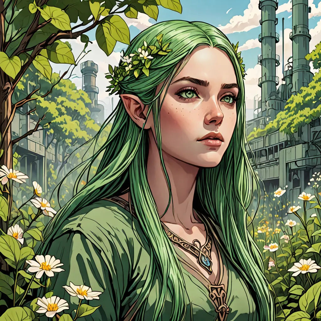 a woman with green hair and a green dress in a field of flowers and trees with a factory in the background, fantasy art, a character portrait, Charlie Bowater, trending on art station