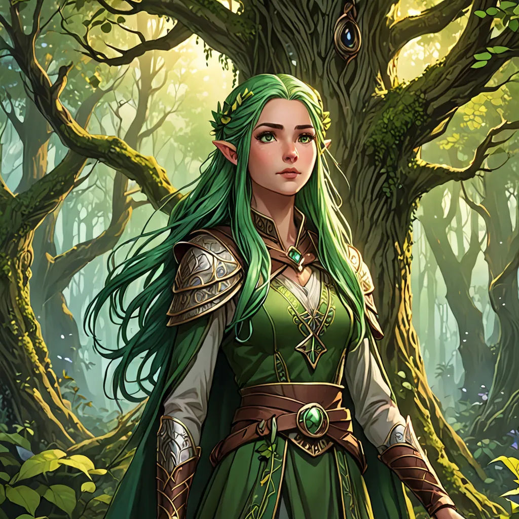 a woman in a green dress standing in a forest with a green tree in the background and a bird in the foreground, fantasy art, a detailed painting, Anne Stokes, magic the gathering artwork